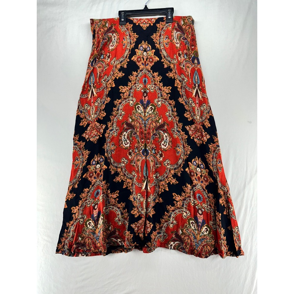 Carole Little Vintage Maxi Skirt Red Black Paisley Damask Boho Made in USA 14